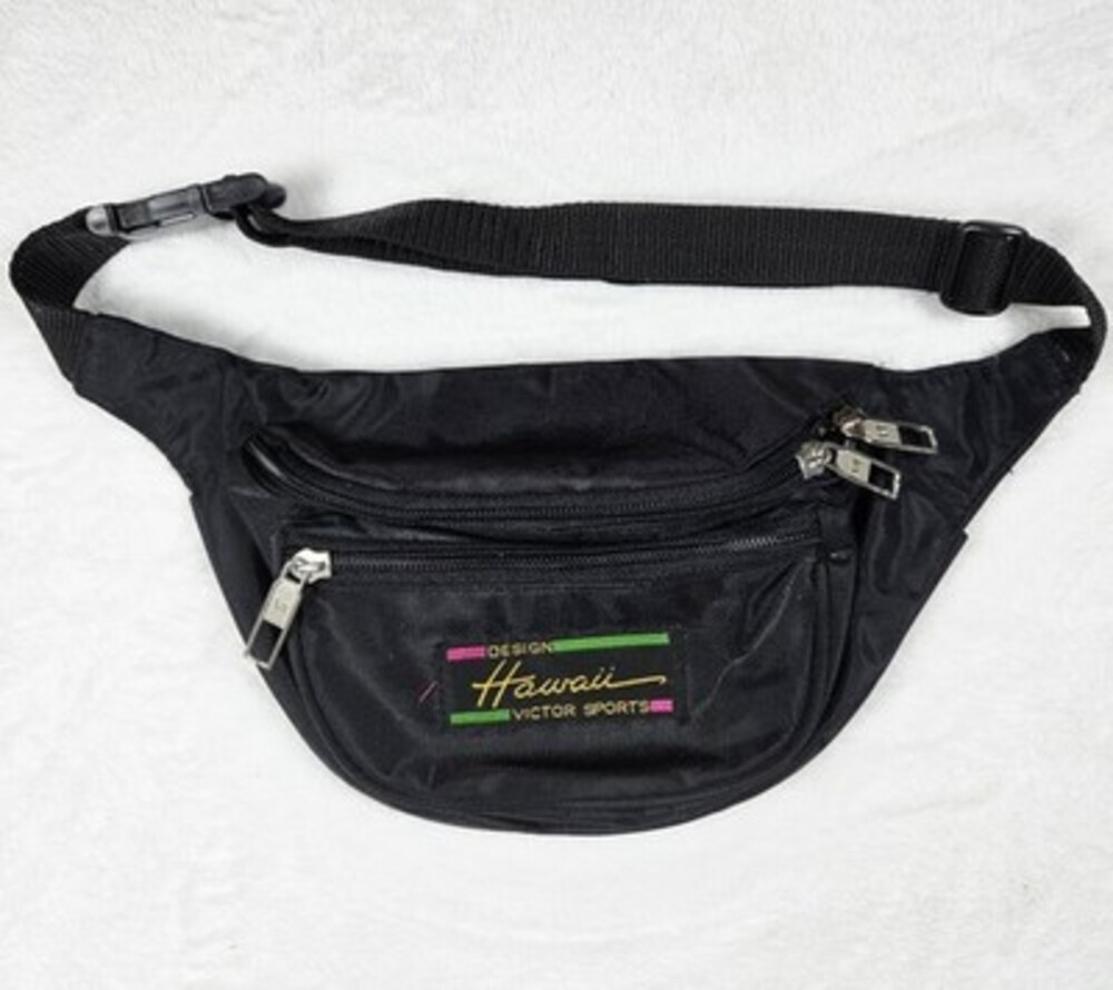 Vintage Retro 90s Design Hawaii Victor Sports Black Nylon Fanny Pack.  In good c